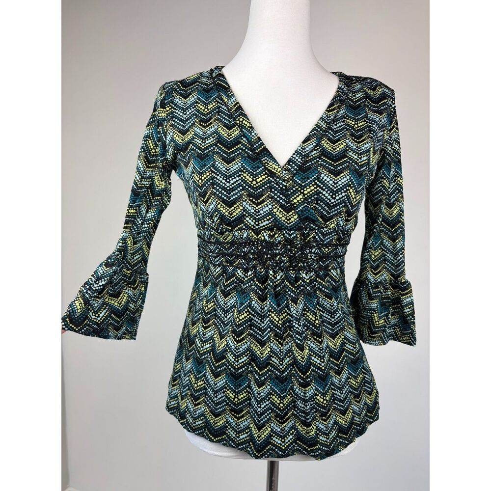 Vintage Y2K Style & Co Petite Chevron Zig Zag Babydoll Surplice Top Size MP